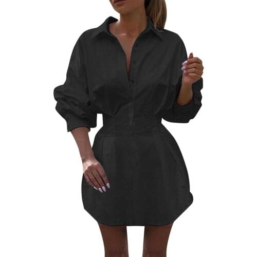 Autumn Long Sleeve White Pleated Shirt Dress 2021 Women Casual Turn Down Collar Mini Dress Button Lady A Line Office Vestidos #A