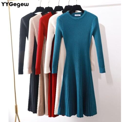 Elegant Autumn Winter long Sweater dress women Long sleeve OL lady Thick A-Line dress Female Jumper O-neck slim knit dress