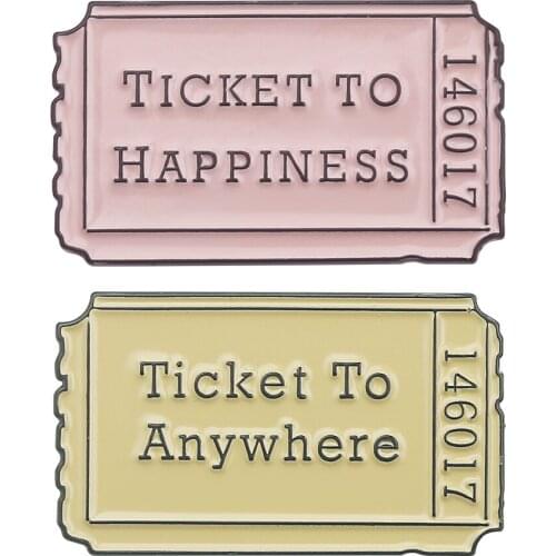Pink Green Ticket brooch enamel pin Ticket to Happiness Anywhere airplane ticket lapel pins metal Lucky badges gifts for friends