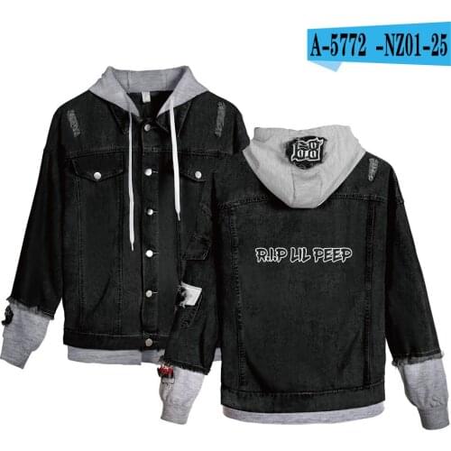 Ripped Denim Jacket Streetwear Hip Hop RIP Lil Peep Print Jacket Fashion Fake Two Pieces Coat Men Women Retro Vogue Denim Jacket