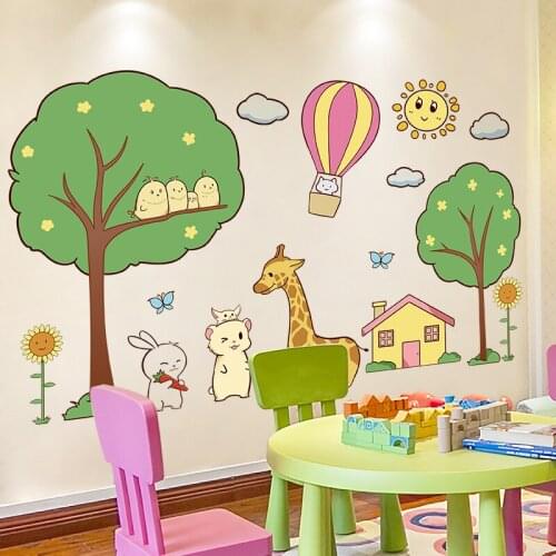 [shijuekongjian] Cartoon Mouse Rabbit Giraffe Anmial Wall Stickers DIY Tree Wall Decals for Kids Bedroom Baby Room Decoration