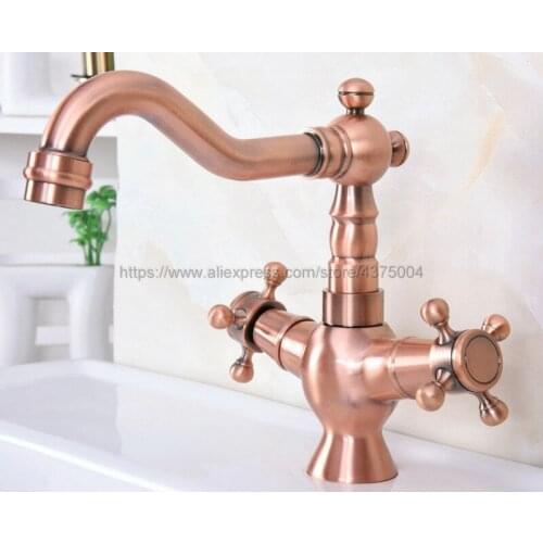 Basin Faucets Antique Red Copper Bathroom Sink Faucet 360 Degree Swivel Spout Double Cross Handle Bath Mixer Taps Nnf616