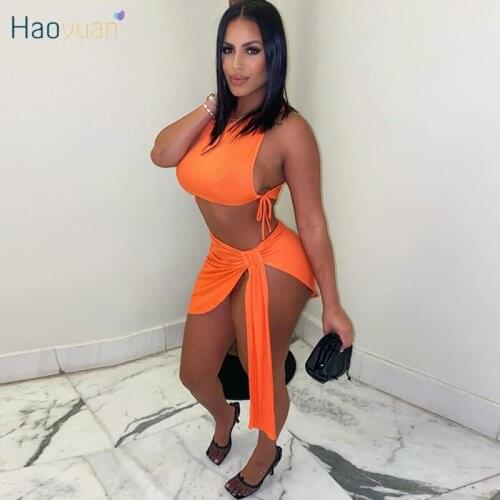 HAOYUAN Knitted Rib Two Piece Set Bandage Crop Top Bodycon Mini Skirts Beachwear Outfits Summer Clothes Sexy Club Matching Sets