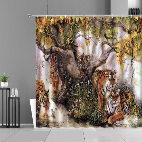 Tiger Pattern Shower Curtain Forest Wild Animal Tigers Elephant Horse Cat Oil Painting Bathroom Decor Curtains Waterproof Cloth