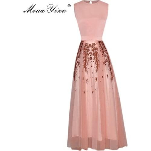 MoaaYina Fashion Designer Set Summer Women Sleeveless Tops+Mesh Embroidery Skirt Two-piece set