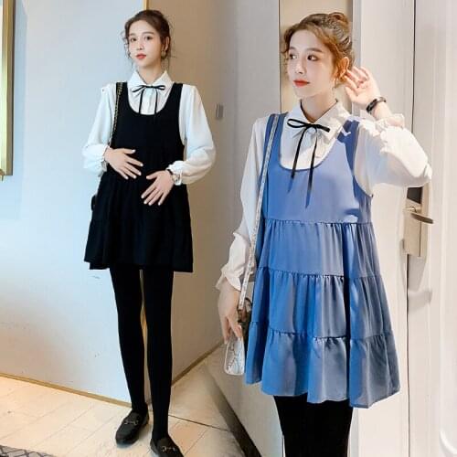 0735# Maternity Clothes Spring Autumn False Two-piece Loose Stylish Dress for Pregnant Women Pregnancy Clothes