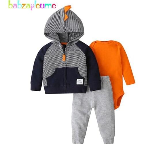 3Piece Spring Fall Outfits Baby Boys Clothing Set Casual Stripe Cotton Hooded Jacket+Infant Bodysuit+Pants Newborn Clothes 1934