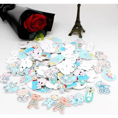 40PCs Random Mixed baby series Lovely cartoon Wooden Buttons 2 Holes Sewing Wood Buttons Decorative Scrapbooking