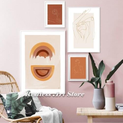 Abstract Burnt Orange Wall Art Canvas Painting Terracotta Rainbow Minimalist One Line Drawing Posters Boho Prints Home Decor