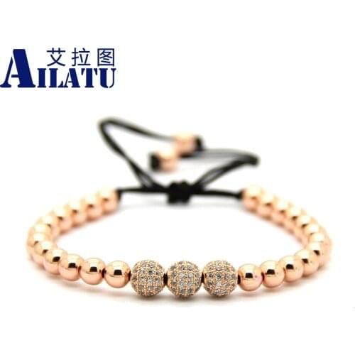 Ailatu 10 Pieces Wholesale 6mm Copper Beads with 8mm Plated Pave CZ Beads Jewelry, Braided Bracelet For Men & Girls