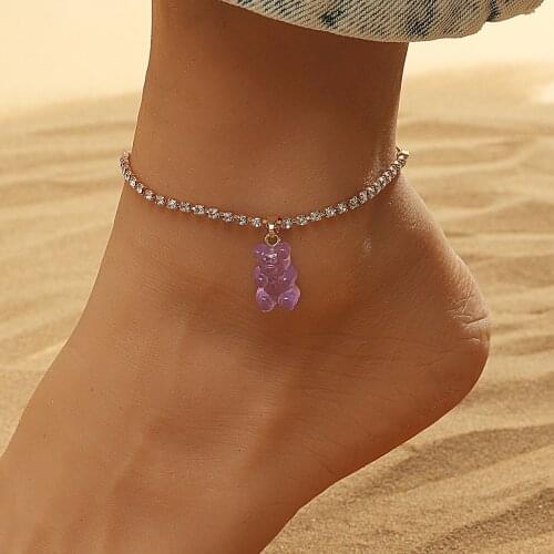 Unique Tennis Chain Resin Purple Bear Anklet for Women Candy Color Gummy Anima Anklets Wholesale Birthday Jewelry Gifts