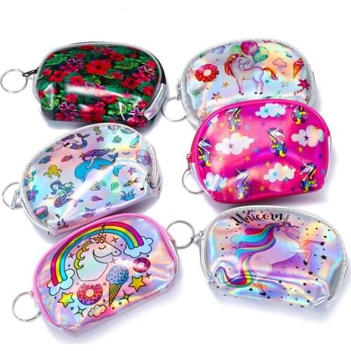 Hologram leather mini wallet for girls cartoon unicorn clutch coin purse keyring women money earphone pouch bag kids gift