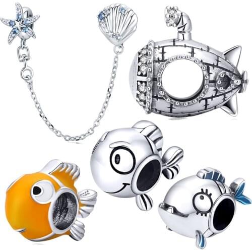INBEAUT Cute Fish Beads fit Brand Bracelet 925 Silver Ocean Starfish Shell Safety Chain Submarine Charms for Jewelry Making