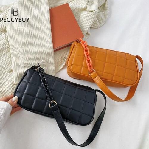 Fashion Women Plaid Pattern Pure Color PU Leather Shoulder Underarm Bag Casual Ladies Chain Small Purse Handbags
