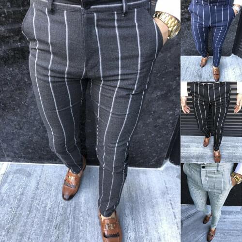 Mens Casual Striped Long Trousers Office Slim Fit Business Fashion Skinny Pants