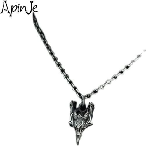 Apinje Vintage 925 Sterling Silver Skull Pendant Necklace Handmade Demon Domineering Pendant Men Jewelry Necklace