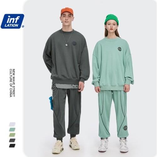 INFLATION Laser Reflection Sweatshirts Suit Men Streetwear 2020 Fashion Cotton Oversized Hip Hop Sweatshirt Men Loose Sweatpant