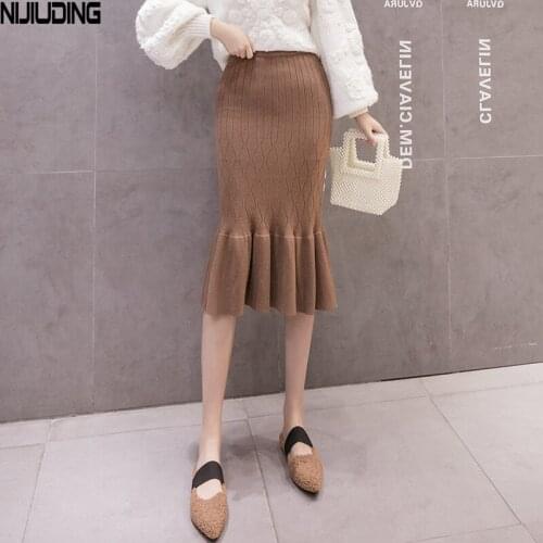 NIJIUIDNG Winter New Knitting Nylon Skirts Women Vintage Solid Elastic High Waist OL Style Splicing Mid Calf Mermaid Skirts Lady
