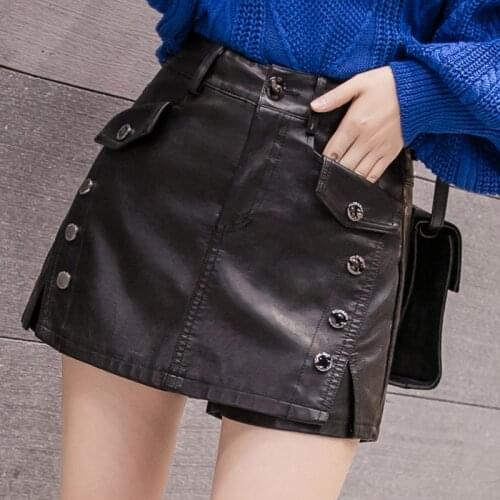 Autumn And Winter 2020 New Womens Short Leather Short Slim Front Buttons High Waist Faux Leather Trousers