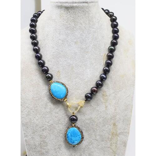 Freshwater Pearl black near round blue turquoises pendant necklace 50cm Wholesale for women xmas gift