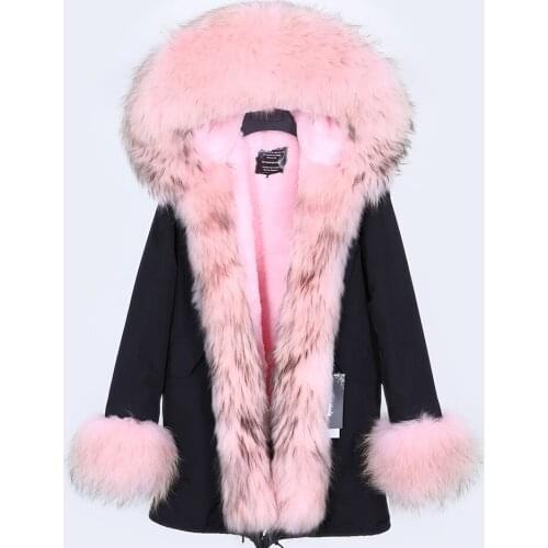 Womens coat winter long-sleeved loose coat natural raccoon fur collar long big natural raccoon fur hood streetwear