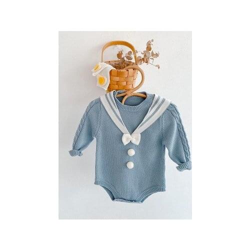2020 Newborn Baby Girl Sailor Collar Sweater Blue Solid Color Crew Neck Color Long Sleeve Pullover Jumpsuit Winter Warm Romper