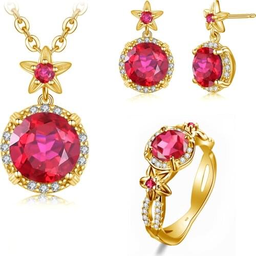 Szjinao 18K Gold Plated Jewelry Set Women Ruby Gemstone Flower ShinyTrendy Solid 925 Sterling Silver Ring Earrings Pendant Sets