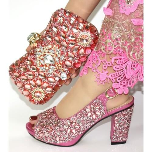 New fashion pink women pumps with big crystal decoration african dress shoes match handbag set CR940,heel 9.3CM