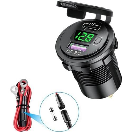 30W PD Type C/QC 3.0 USB Charger With Button Switch LED Voltmeter Power Outlet Fast Charging For 12V 24V Car Truck Motorcycle RV