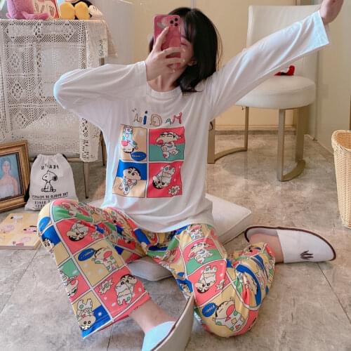 Pajamas Women Autumn Long-sleeved Trousers Cartoon Casual Two Piece Suit Pajamas Home Service Suit Plus Size Women Sleepwear