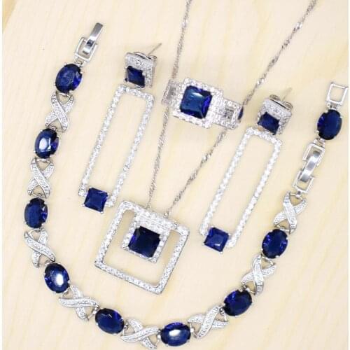 Women blue crystal jewelry sets wedding rings X-shape Bracelet stud Earrings Vintage Necklace Bridal Jewelry Sets