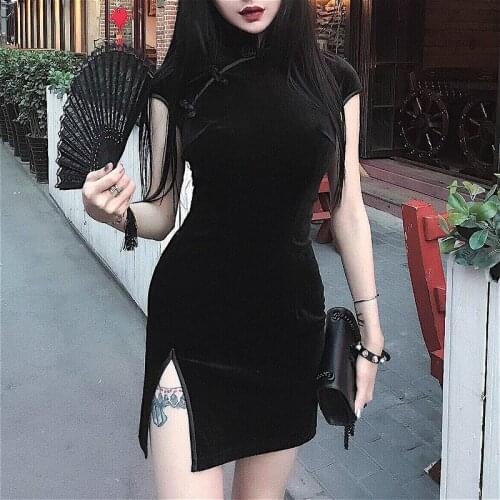 Womens Charming Chinese Qipao Mini Dress 2020 Velvet Cheongsam Clasp Split Sexy Club Party Asian Elegant Dresses