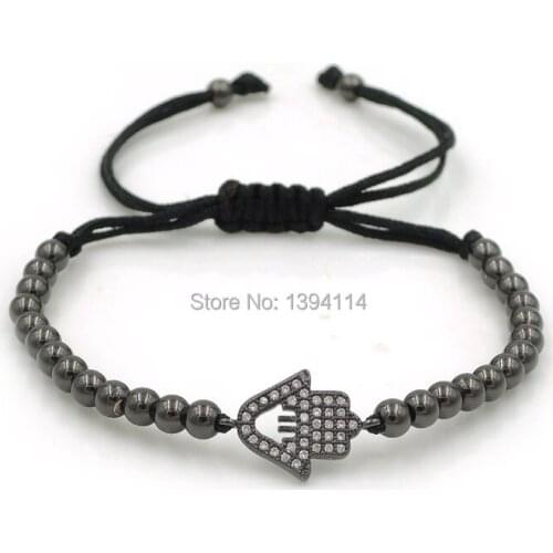 16*11*2mm Micro Pave CZ Hollow Hamsa Hand Charm & 4mm Round Beads Braided Macrame Bracelet Jewelry
