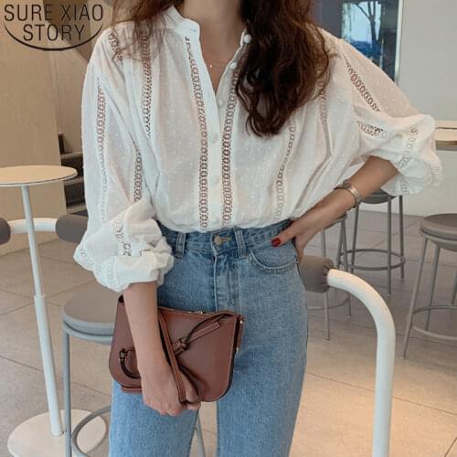 White Blouse Ladies Top Casual Hollow Out Lace Blouse Women Button Up Shirt 2021 New Puff Sleeve Korean Fashion Clothing 15400
