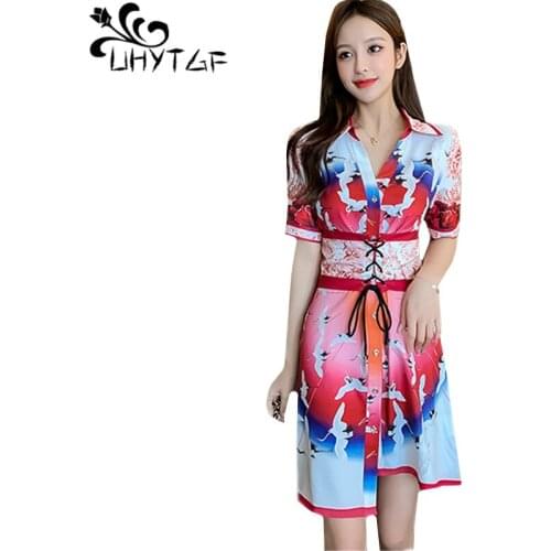 UHYTGF Fashion womens summer dress single-breasted irregular printing elegant dress female bandage loose plus size dresses 1207
