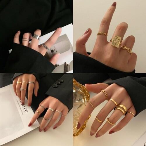 2021 Fashion Punk Hip Hop Geometric Round Gold Wide Chain Open Ring Set Mens And Womens Gifts Jewelry Party Buckle Tail Ring