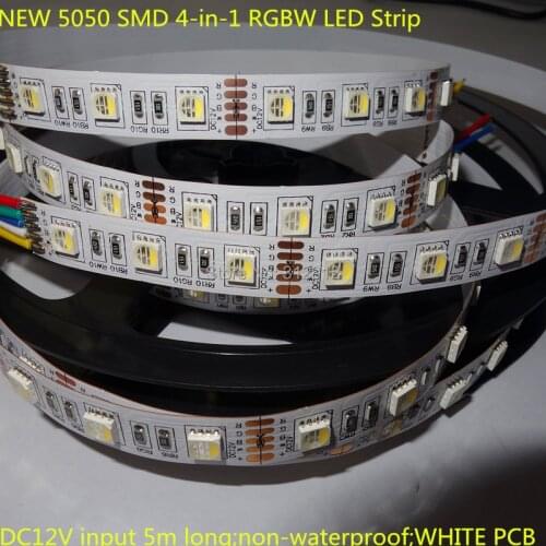 NEW 5050 SMD 4-in-1 RGBW(6500K) LED Strip;60leds/m;DC12V input 5m long;non-waterproof;WHITE PCB