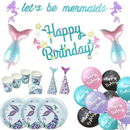 Mermaid Birthday Party Disposable Tableware Little Mermaid Party Balloon Decor Girl First Birthday Party Supplies WQ02