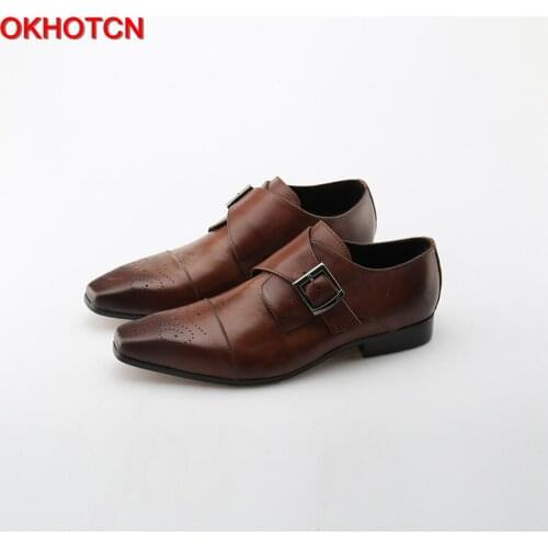 OKHOTCN Classic Genuine Leather Buckles Mens Dress Shoes Formal Office Wedding Shoes Man Brown Black Monk Strap Footwear