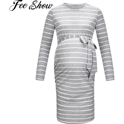 Pregnancy Autumn Dresses Pregnant Women Long Sleeve Bodycon Casual Stripe Dress Mother Home Clothes Maternity Dress