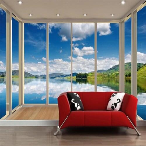 Beibehang Custom photo wallpaper wall stickers most beautiful 3d floor balcony calm lake blue sky white background wall