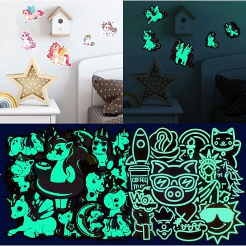 30 Pcs Luminous Unicorn Stickers Cute Cartoon Animal Glow In the Dark Sticker Decal on Kids Laptop Skateboard Guitar Luggage Toy