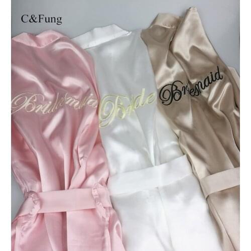 C&Fung Bride embroidered robe bridal getting married party kimono satin robe women bridesmaid gift white champagne pink robes