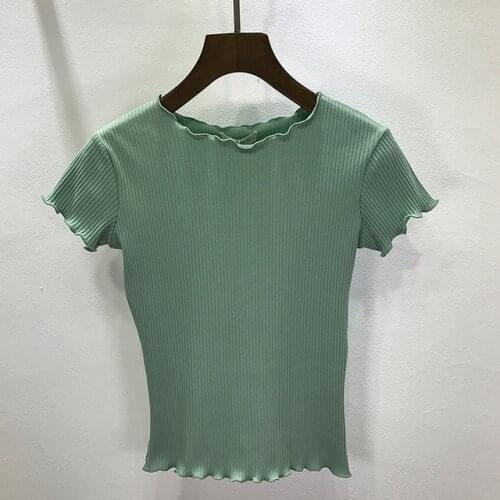 Women Tees Ruffled Trimmings Ribbed Crop Tops Soft And Stretchy Short Sleeve T-shirts Basic Cropped Top