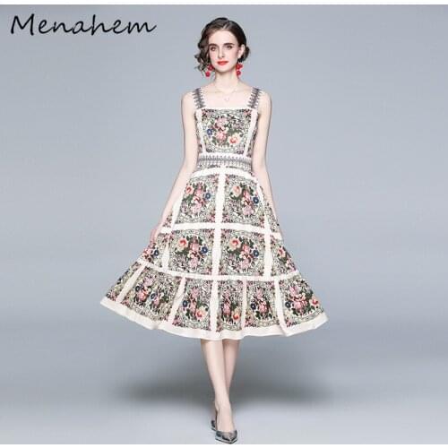 Menahem New 2021 Summer Designer Runway Vacation Women Spaghetti Strap Square Collar Backless Floral Print Holiday Midi Dress
