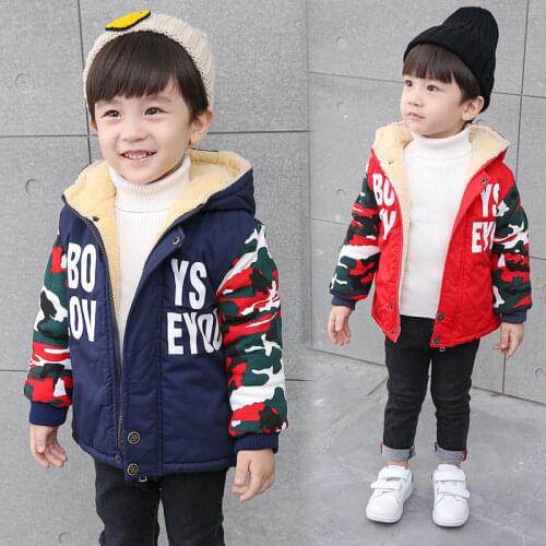 Winter 2-7Years Baby Boys Jacket Camouflage Sleeve Plush Cotton Padded Coat For Childrens Clothes Spring Thin Jacket 2 Style