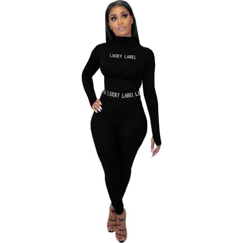 Two 2 Piece Woman Set Tracksuit Lucky Letter Print Women Crop Top Set Sport Long Pant Causal Tracksuit Fitness Matching Sets