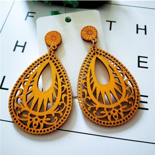 Water Drop Wooden Earrings Hollow Laser Carved Dangle Earrings For Women Fashion Jewelry