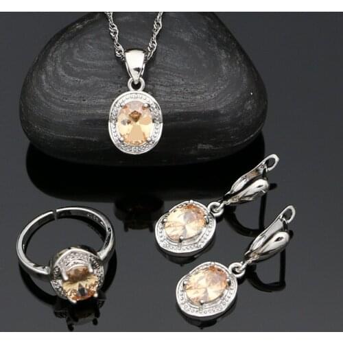 Girls Jewelry Set Champagne Cubic Zirconia Oval Earrings Ring Chain Pendant 925 Sterling Silver Jewelry