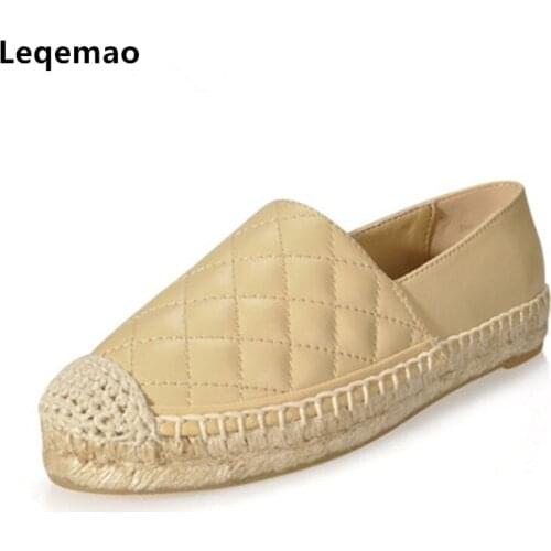 Fashion Soft Genuine Leather Women Slip On Espadrilles Woman Comfortable Round Toe Loafers Flats Ladies Casual Flat Shoes 34-42